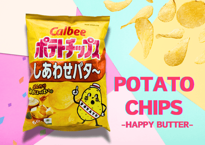Calbee potato chips happy butter flavor packaging with colorful background and floating chips