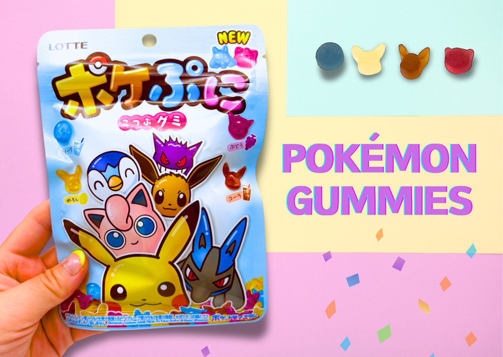 Hand holding a pack of Pokémon gummies with colorful characters like Pikachu on a pastel background.