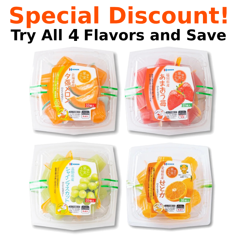 HOKUSHIN FOODS Fruit Jelly Mini 10P set of 4 flavors with special discount offer on packaging.