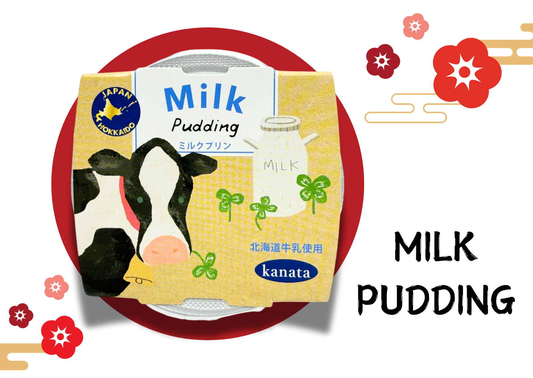 Japanese Hokkaido milk pudding packaging with cow illustration on a decorative background.