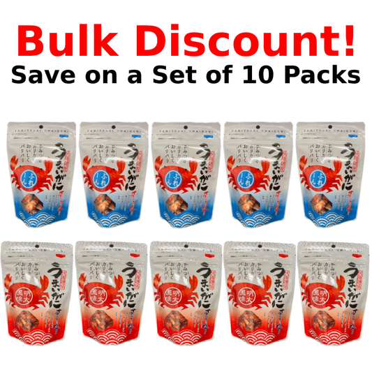 Set of 10 Umaigani Baby Crab Snacks in Plain and Mentai Flavors with bulk discount offer
