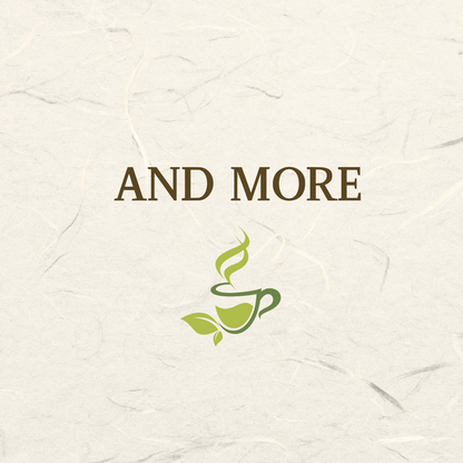 Abstract design with the text 'AND MORE' above a steaming tea cup illustration on a textured background.