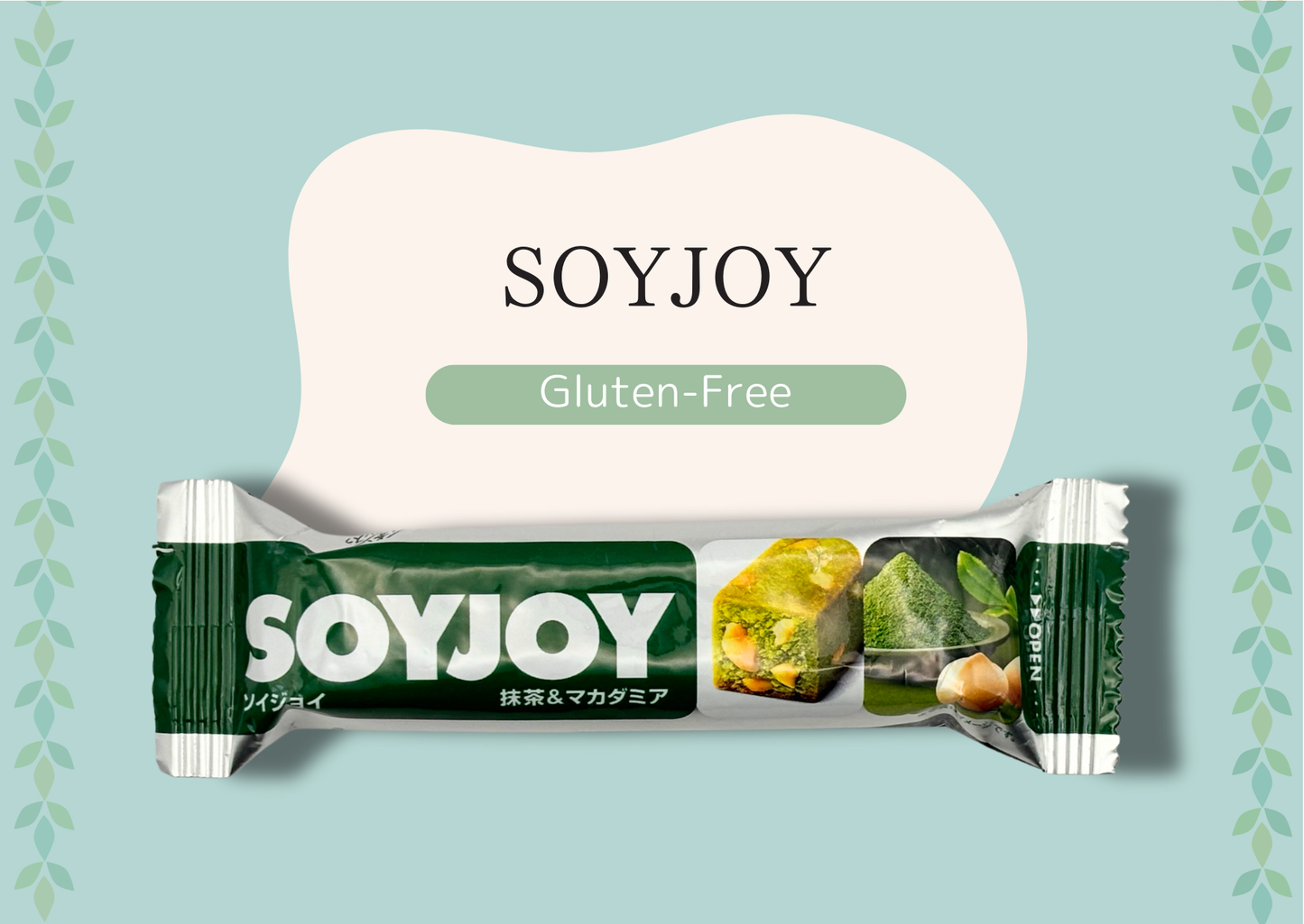 SOYJOY gluten-free snack bar in green packaging with matcha flavor displayed.