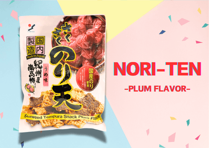 Seaweed Tempura Snack Plum Flavor Packaging on Colorful Background