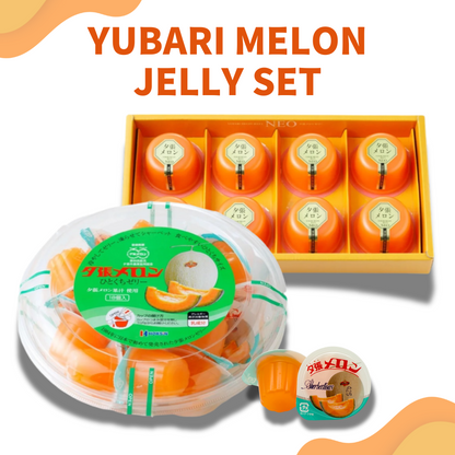 Yubari Melon Jelly Set featuring luxurious Japanese melon jellies, showcasing a tray and packaged jelly cups with vibrant design.