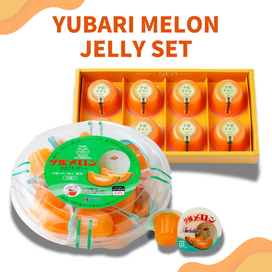 Yubari Melon Jelly Set featuring luxurious Japanese melon jellies, showcasing a tray and packaged jelly cups with vibrant design.