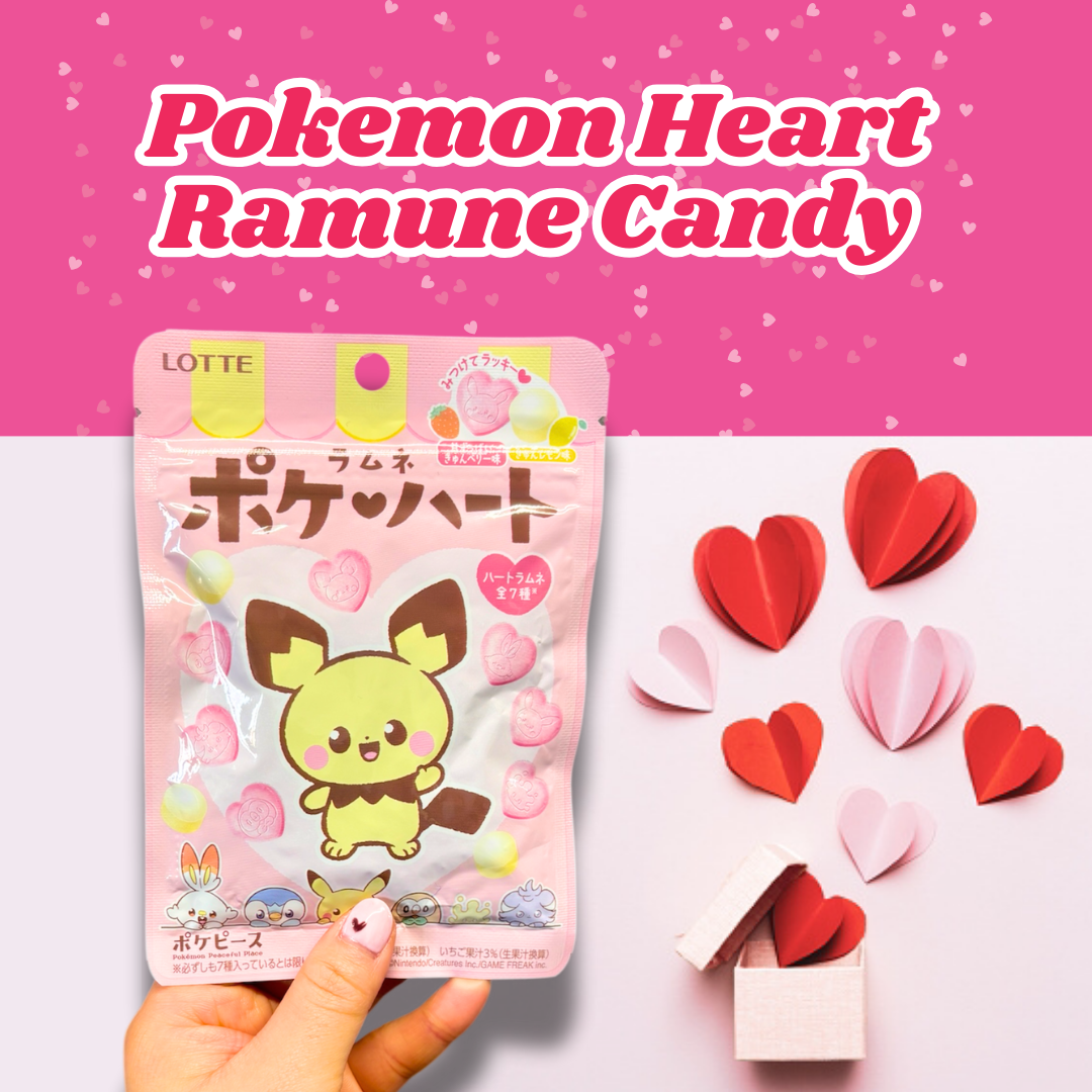 Pokemon Heart Ramune Candy package with pink hearts and gift box, Valentine's themed.