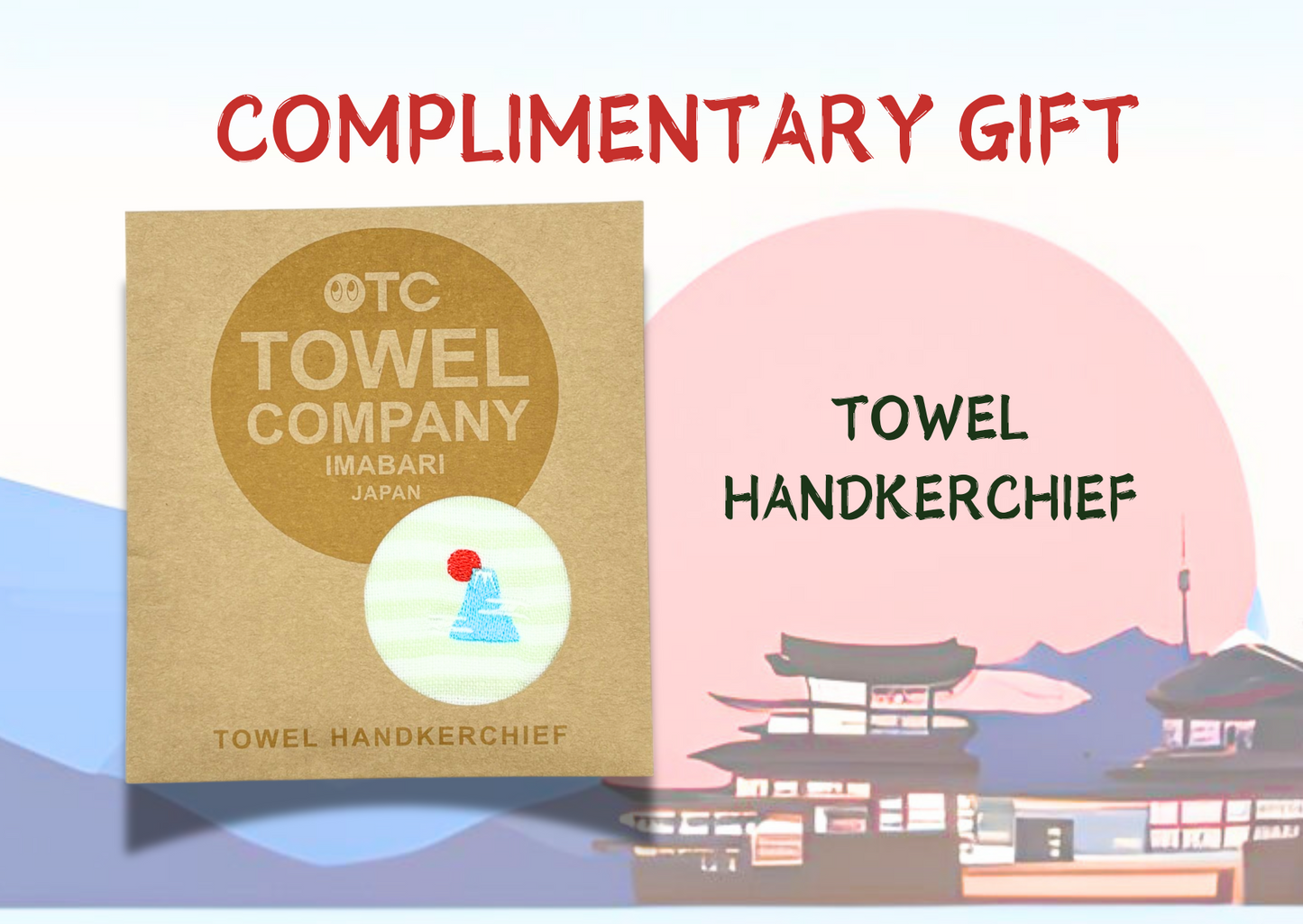 Complimentary towel handkerchief gift from Imabari, Japan with Mount Fuji illustration.