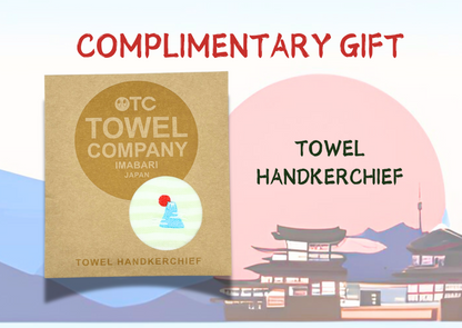 Complimentary towel handkerchief gift from Imabari, Japan with Mount Fuji illustration.