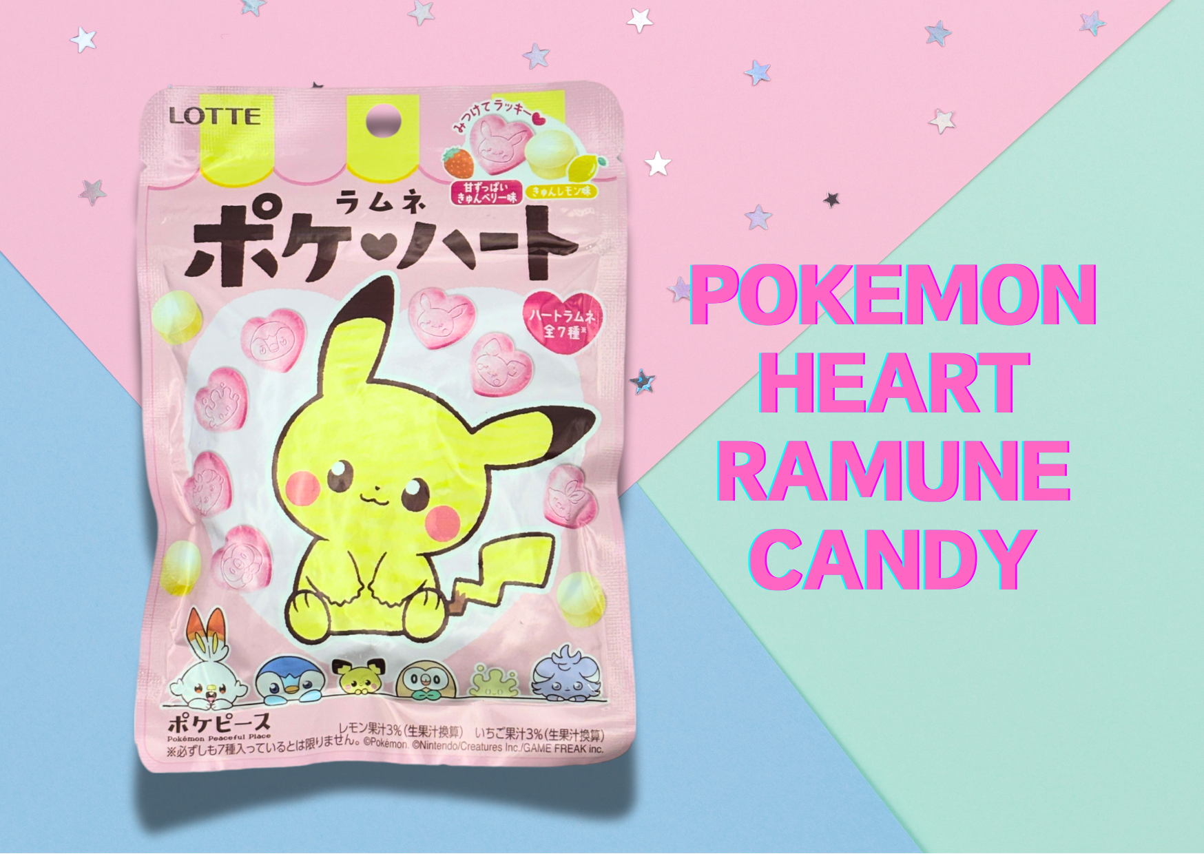 Japanese Pokemon Heart Ramune Candy packaging featuring Pikachu with a colorful pastel background.