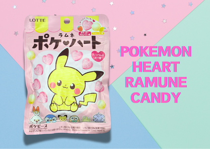 Japanese Pokemon Heart Ramune Candy packaging featuring Pikachu with a colorful pastel background.