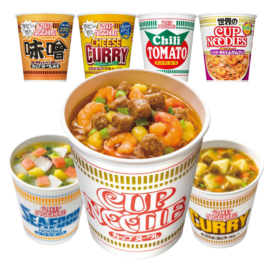 Variety of Nissin Cup Noodles with flavors like Seafood, Curry, Cheese Curry, and Chili Tomato showcasing vibrant packaging and ingredients.