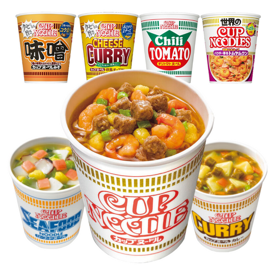 Variety of Nissin Cup Noodles with flavors like Seafood, Curry, Cheese Curry, and Chili Tomato showcasing vibrant packaging and ingredients.