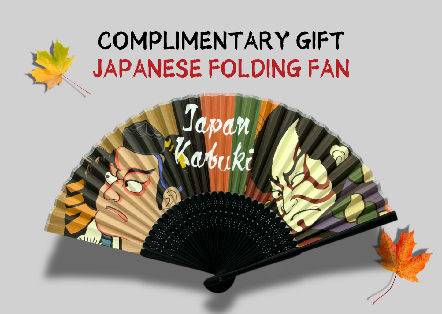 Japanese folding fan with Kabuki design, complimentary gift with autumn leaves illustration.