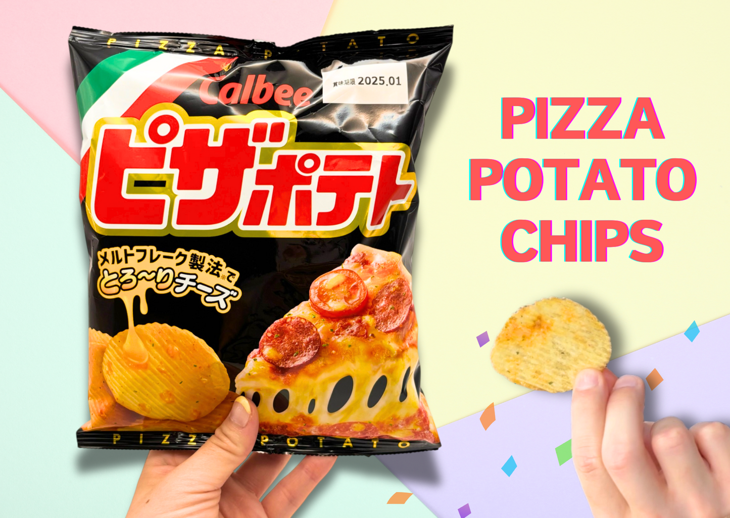 Bag of Japanese pizza-flavored potato chips with a hand holding one chip, colorful confetti background.