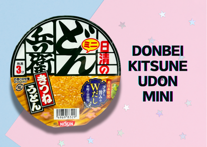 Alt Tag: Donbei Kitsune Udon Mini package on a pastel background with decorative stars.