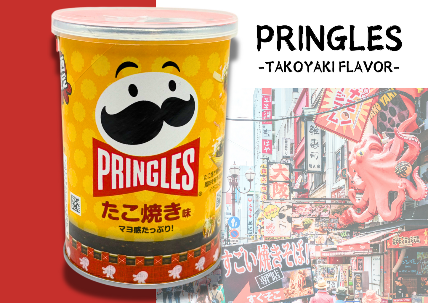 Pringles can featuring takoyaki flavor with Osaka street scene background and vibrant Japanese signage.