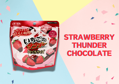 Strawberry Thunder Chocolate package with vibrant confetti background, featuring Japanese text and strawberry graphics.