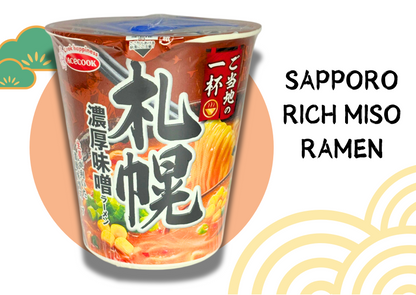 Sapporo Rich Miso Ramen cup with Japanese text on packaging, showcasing vibrant noodle dish from Hokkaido.