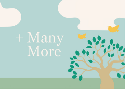 Illustration of a tree with green leaves, yellow birds flying, and the text '+ Many More' against a blue sky with clouds.