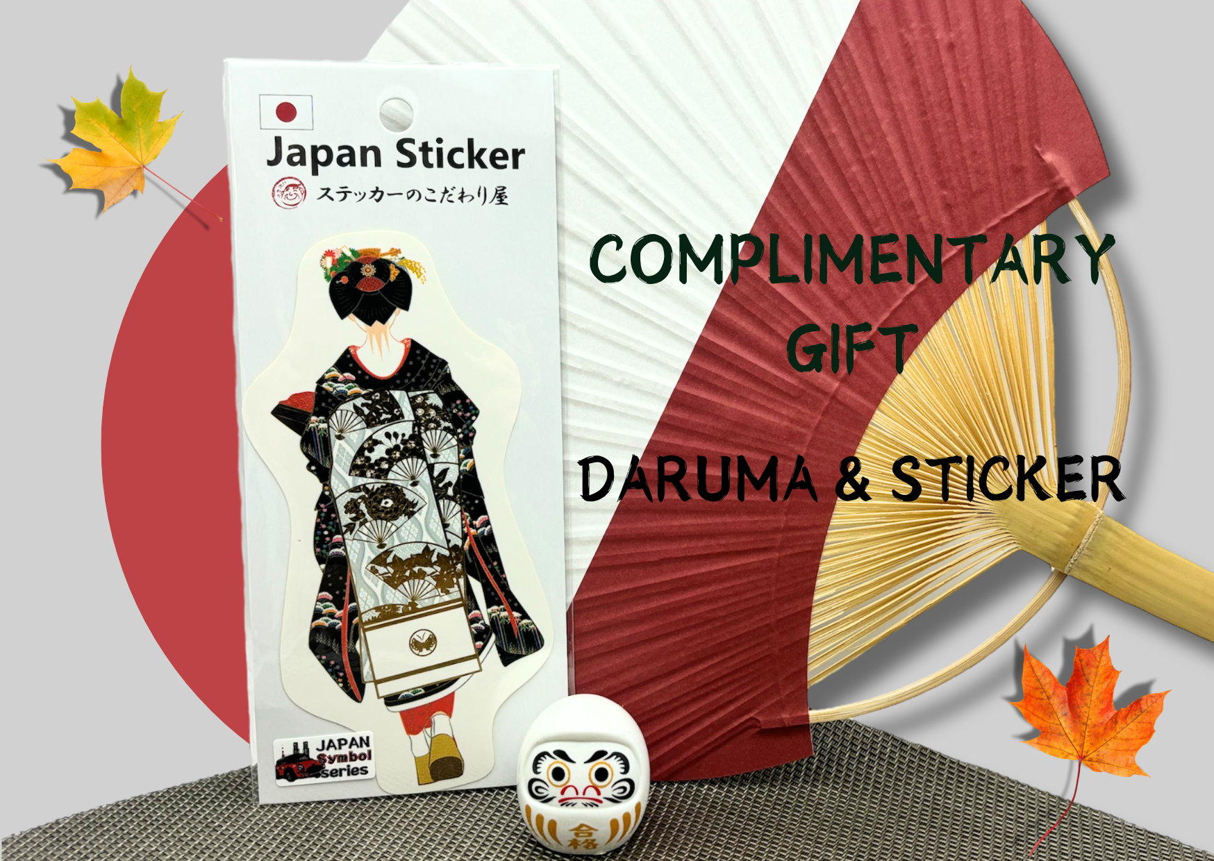 Japan Sticker and Daruma gift set with red fan and maple leaf