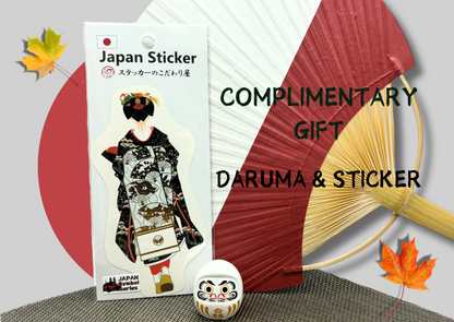 Japan Sticker and Daruma gift set with red fan and maple leaf