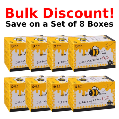 Morihan Black Tea Honey Flavor 8-box set with bulk discount offer, featuring 20-bag packs of sweet honey-flavored tea.