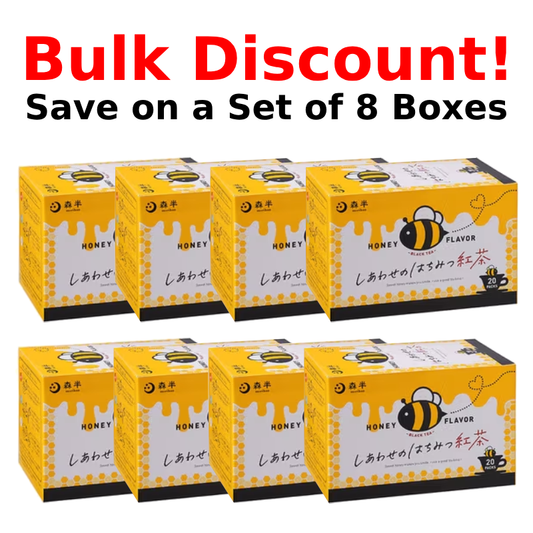 Morihan Black Tea Honey Flavor 8-box set with bulk discount offer, featuring 20-bag packs of sweet honey-flavored tea.