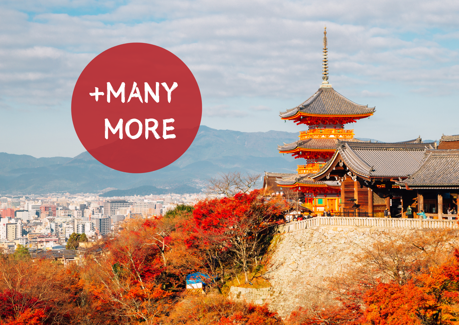 Scenic view of Kyoto temple and cityscape, highlighting Japanese architecture and autumn foliage.