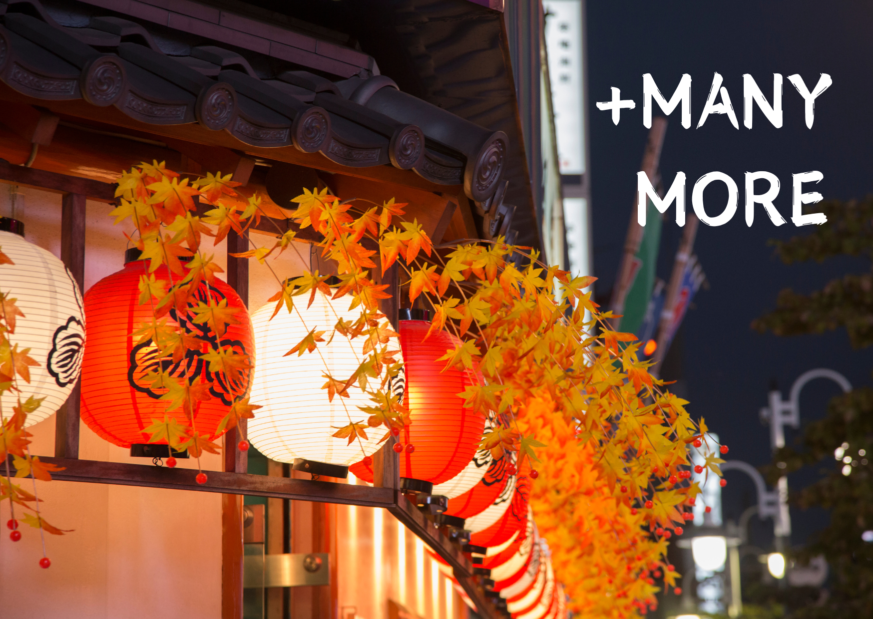 Japanese lanterns in Tokyo decorated with autumn leaves at night, showcasing cultural vibrancy and beauty.
