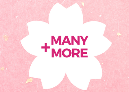 Pink background with a white cherry blossom shape reading '+ Many More', indicating additional Japanese snacks in the box.