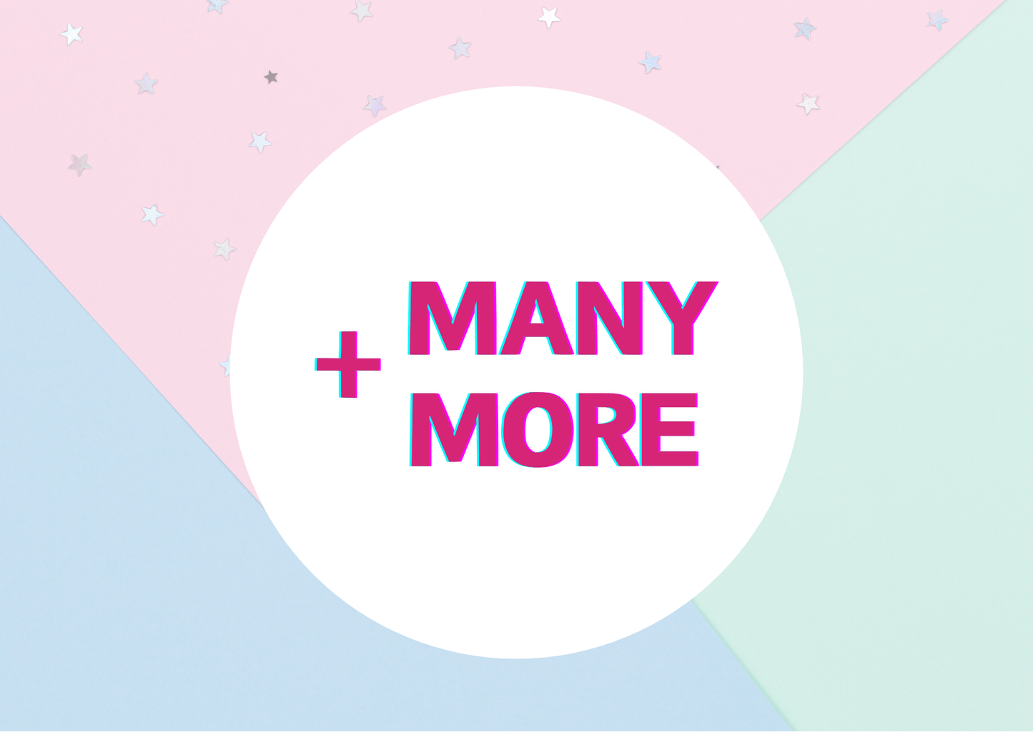 Colorful background with a circle reading '+ MANY MORE' indicating additional items included in the Japanese Snack Party Box.