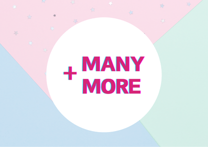 Colorful background with a circle reading '+ MANY MORE' indicating additional items included in the Japanese Snack Party Box.