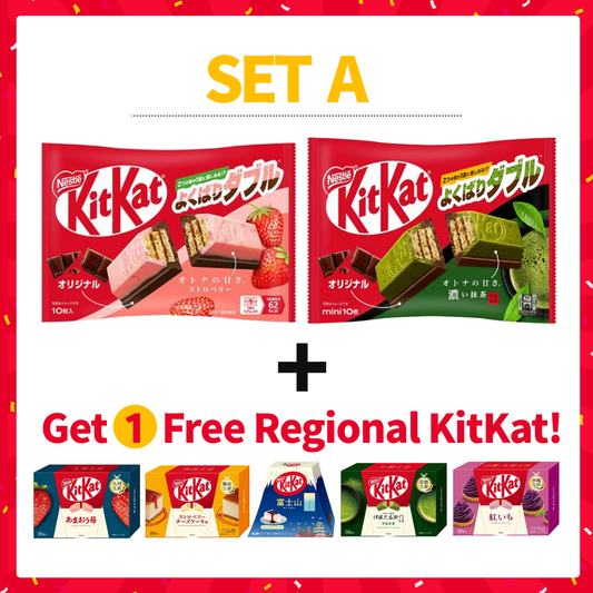 Nestle KitKat Journey Set A featuring Strawberry, Matcha, and Original flavors with free regional KitKats inside.