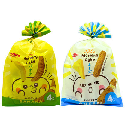 EKD-SHOJI Morning Cake Banana and Cheese flavors, 4-stick value pack, featuring cute packaging. Perfect for quick snacks or breakfast.