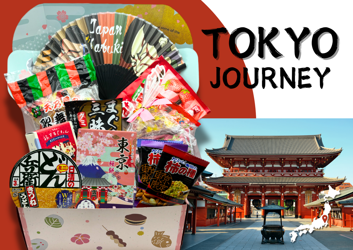 Tokyo Journey Box featuring Japanese sweets and souvenirs with a temple backdrop, showcasing the blend of tradition and modernity.