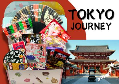 Tokyo Journey Box featuring Japanese sweets and souvenirs with a temple backdrop, showcasing the blend of tradition and modernity.