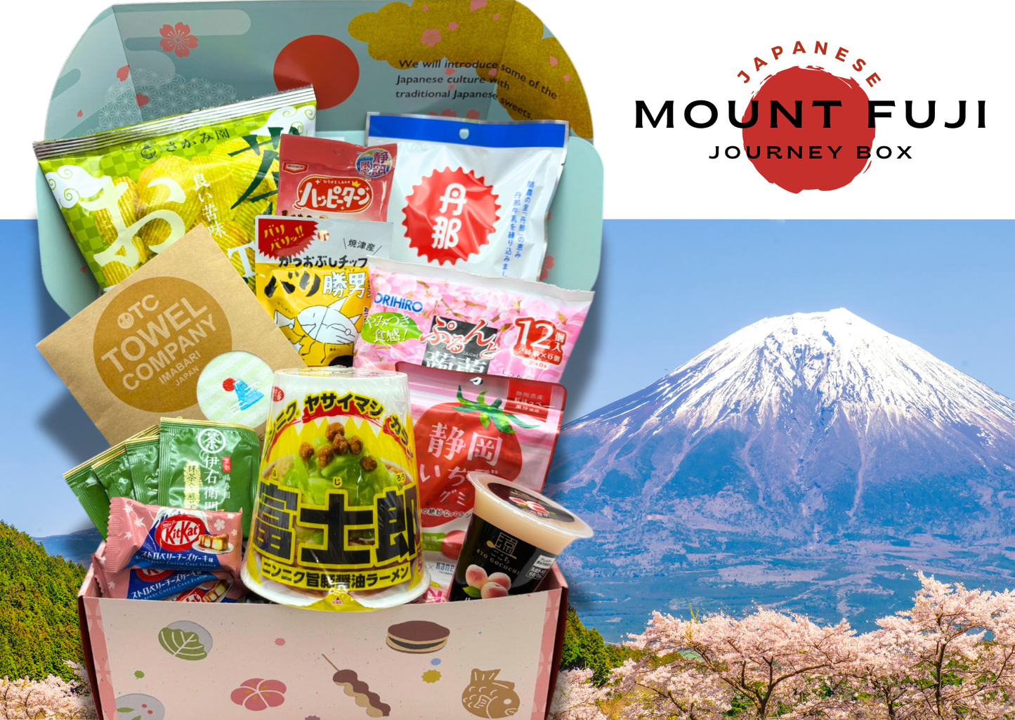 Japanese Journey Box with Mount Fuji theme showcasing regional sweets from Shizuoka and Yamanashi against a scenic Mount Fuji backdrop.