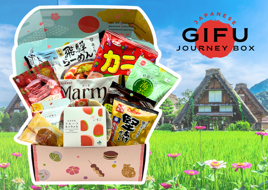 Japanese Journey Box with Gifu sweets displayed against a Japanese landscape.