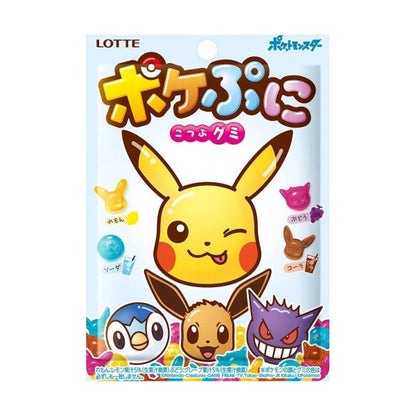 Lotte Pokémon Gummies featuring Pikachu, Eevee, and other Pokémon character faces on colorful packaging. Contains gelatine.