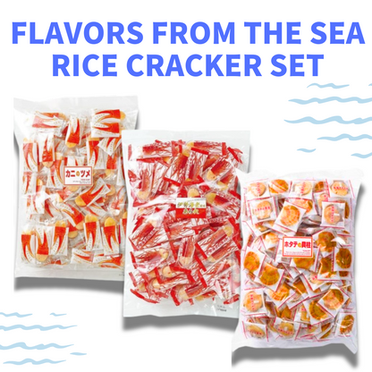 Flavors from the Sea Rice Cracker Set with Crab, Scallop, and Lobster varieties in colorful packaging.