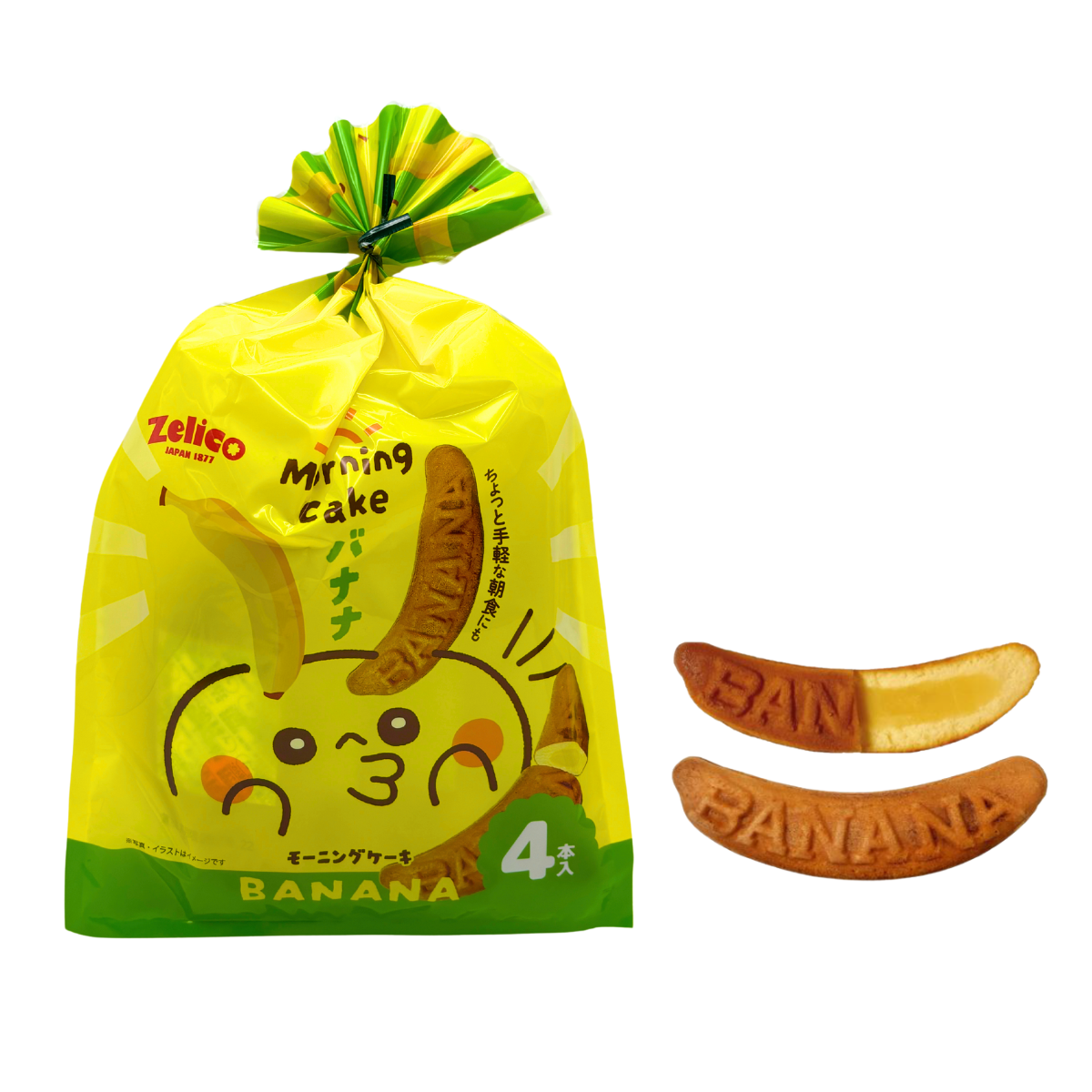 EKD-SHOJI Morning Cake Banana flavor, 4 sticks, in yellow packaging with two banana-shaped stick cakes displayed.