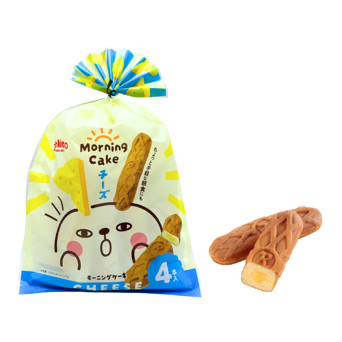 EKD-SHOJI Morning Cake 4-pack, featuring cheese flavor stick cakes, perfect breakfast or snack option for family, displayed in packaging.