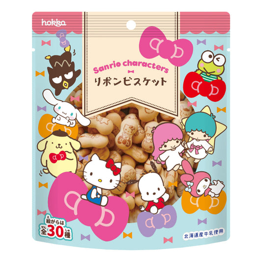 HOKURIKU Sanrio Characters Ribbon Biscuit Pack with milk cookies shaped as ribbons featuring Sanrio characters, includes wheat, dairy, soybean.