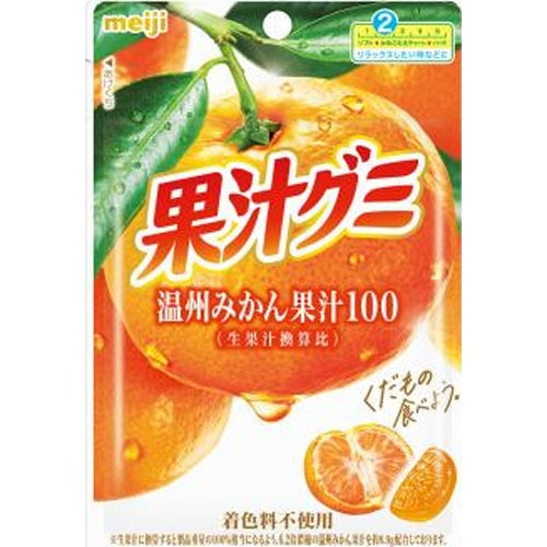 Meiji fruit juice gummy packaging featuring vibrant orange mandarin design and Japanese text