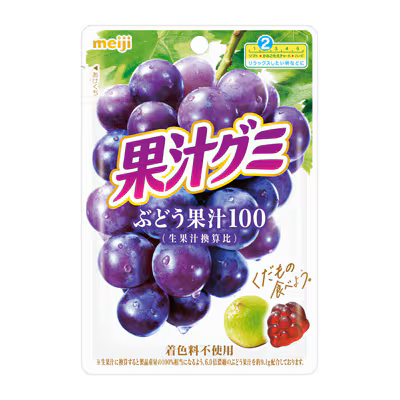 MEIJI Fruit Juice Gummy pack with grape illustration, showcasing chewy grape-flavored gummies for relaxation, allergen info included.