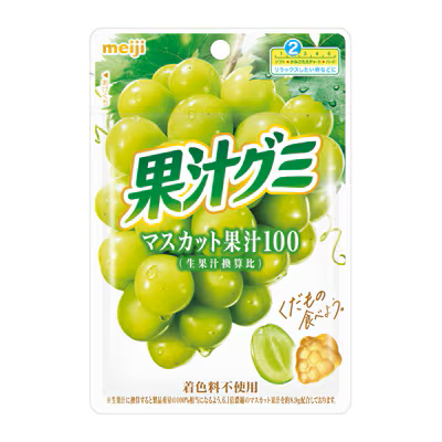 Pack of Meiji Muscat Grape Juice Gummies with chewy texture and rich fruit flavor.