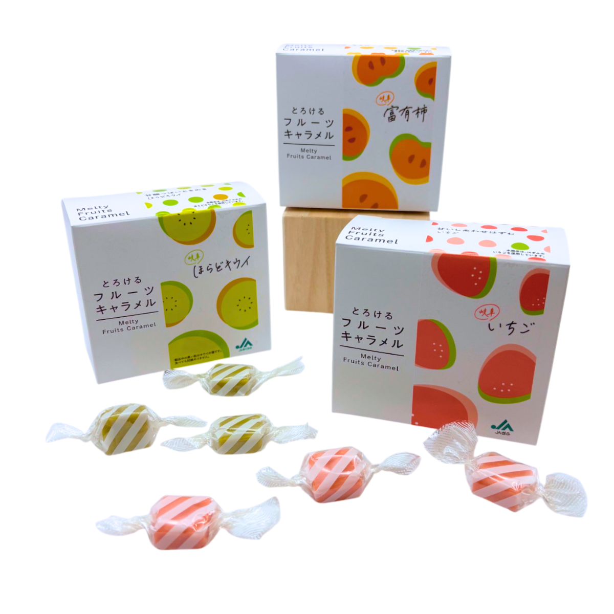NANIWA SEIKA Melty Fruit Caramel, featuring vibrant Gifu fruit designs: strawberry, kiwi, persimmon. Soft, creamy, melt-in-your-mouth.