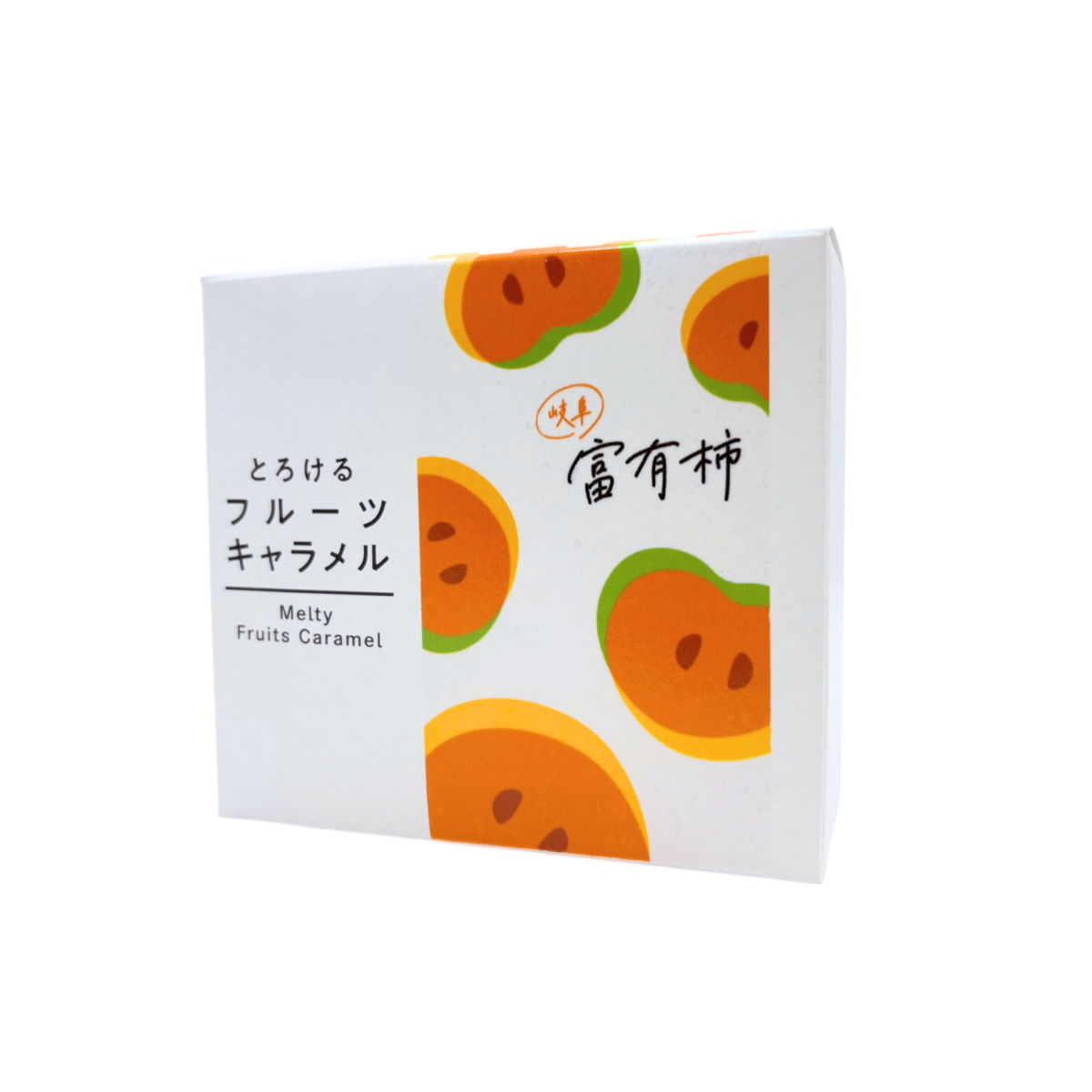 NANIWA SEIKA Melty Fruit Caramel with creamy texture, made from Gifu fruits. Packaging includes persimmon artwork.