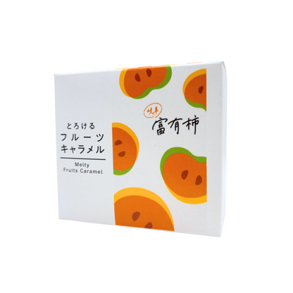 NANIWA SEIKA Melty Fruit Caramel with creamy texture, made from Gifu fruits. Packaging includes persimmon artwork.